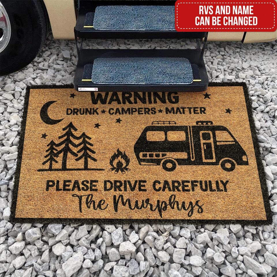 Warning Please Drive Carefully - Personalized DoorMat, Gift For Camping Lover