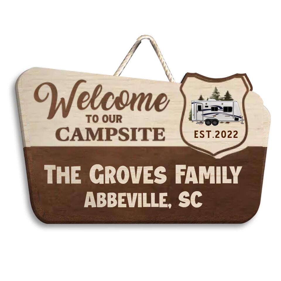 Welcome To Our Campsite - Personalized Wooden Door Sign 2 Layer