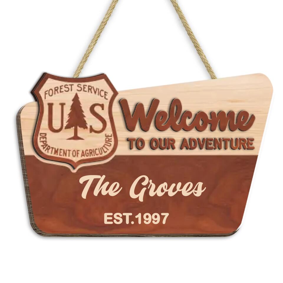 NFS Welcome To Our Adventure - Personalized 2 Layer Sign, Gift For Camper