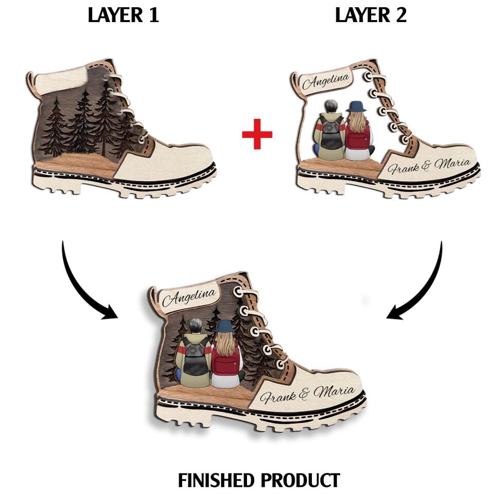 Personalized Hiking Boot Wooden Sign - Hiking Gift Decor - Hike Adventure Sign - Personalized Couple Hiking 2 Layer Sign