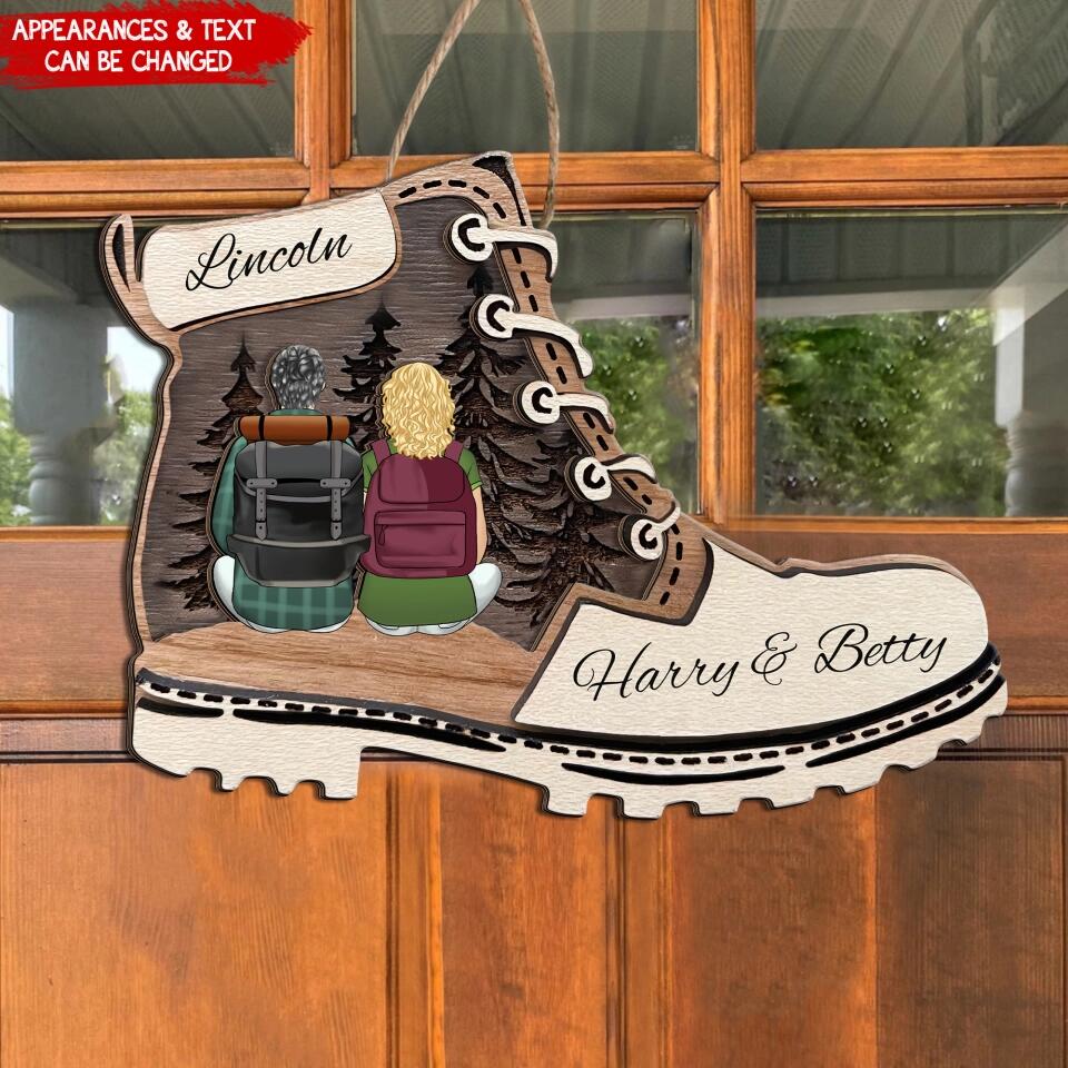 Personalized Hiking Boot Wooden Sign - Hiking Gift Decor - Hike Adventure Sign - Personalized Couple Hiking 2 Layer Sign