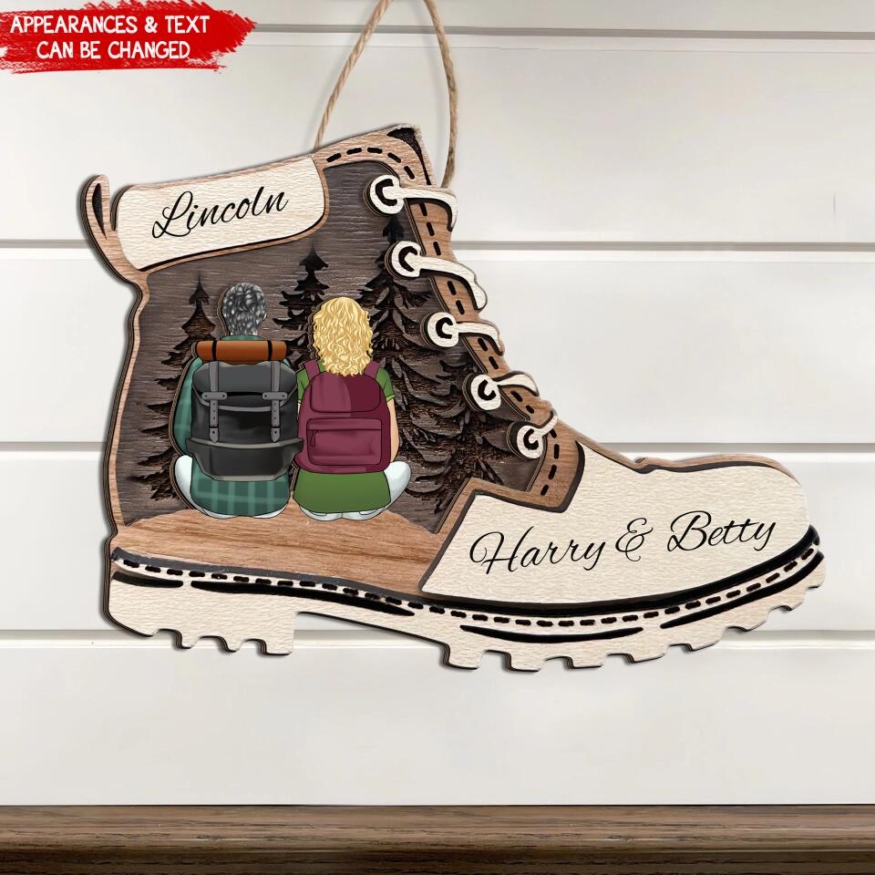 Personalized Hiking Boot Wooden Sign - Hiking Gift Decor - Hike Adventure Sign - Personalized Couple Hiking 2 Layer Sign