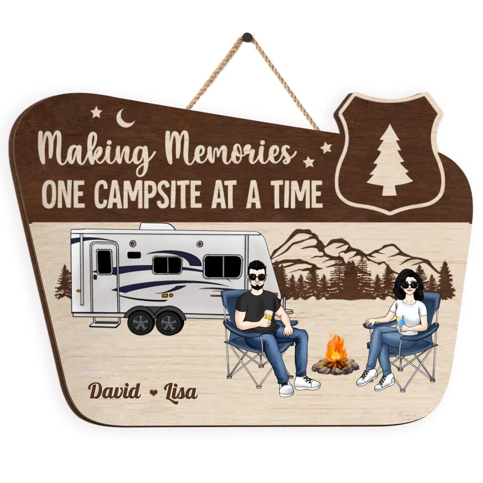 Making Memories One Campsite At A Time - Personalized Wooden Door Sign, Gift For Camper, Couple Adventure