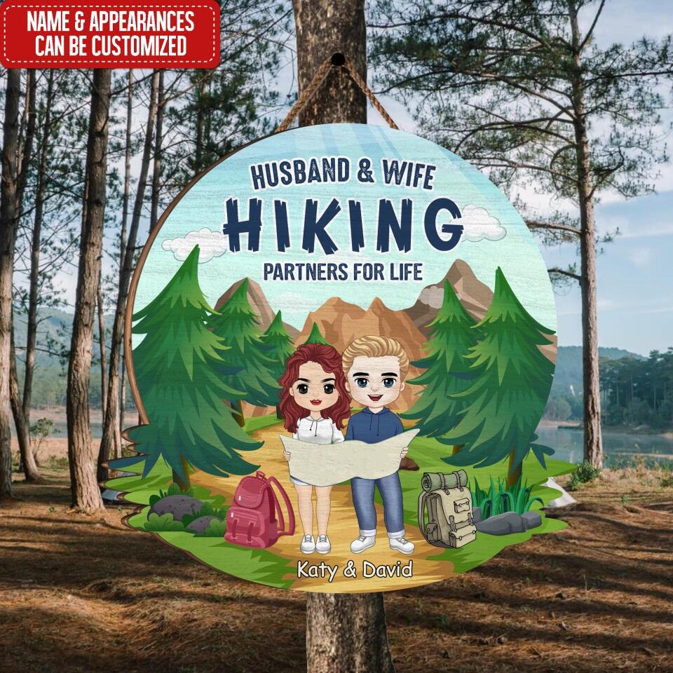 Husband & Wife Hiking Partners For Life - Personalized Door Sign, Gift For Camping Lover