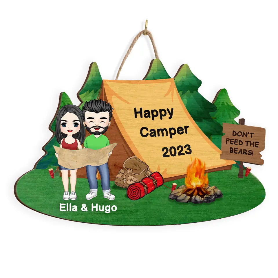 Happy Camping Tent Wooden Sign - Personalized Hiking Wooden Sign - Valentines Day Gift - Gift For Hiking Lovers