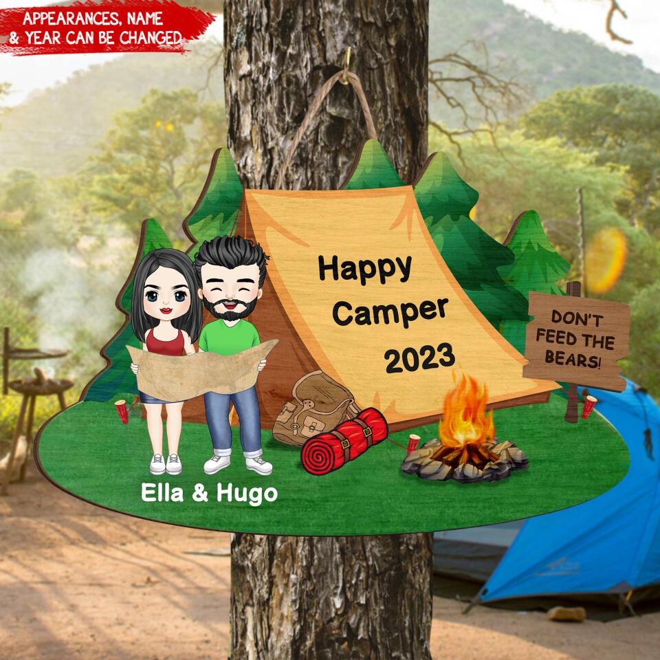 Happy Camping Tent Wooden Sign - Personalized Hiking Wooden Sign - Valentines Day Gift - Gift For Hiking Lovers
