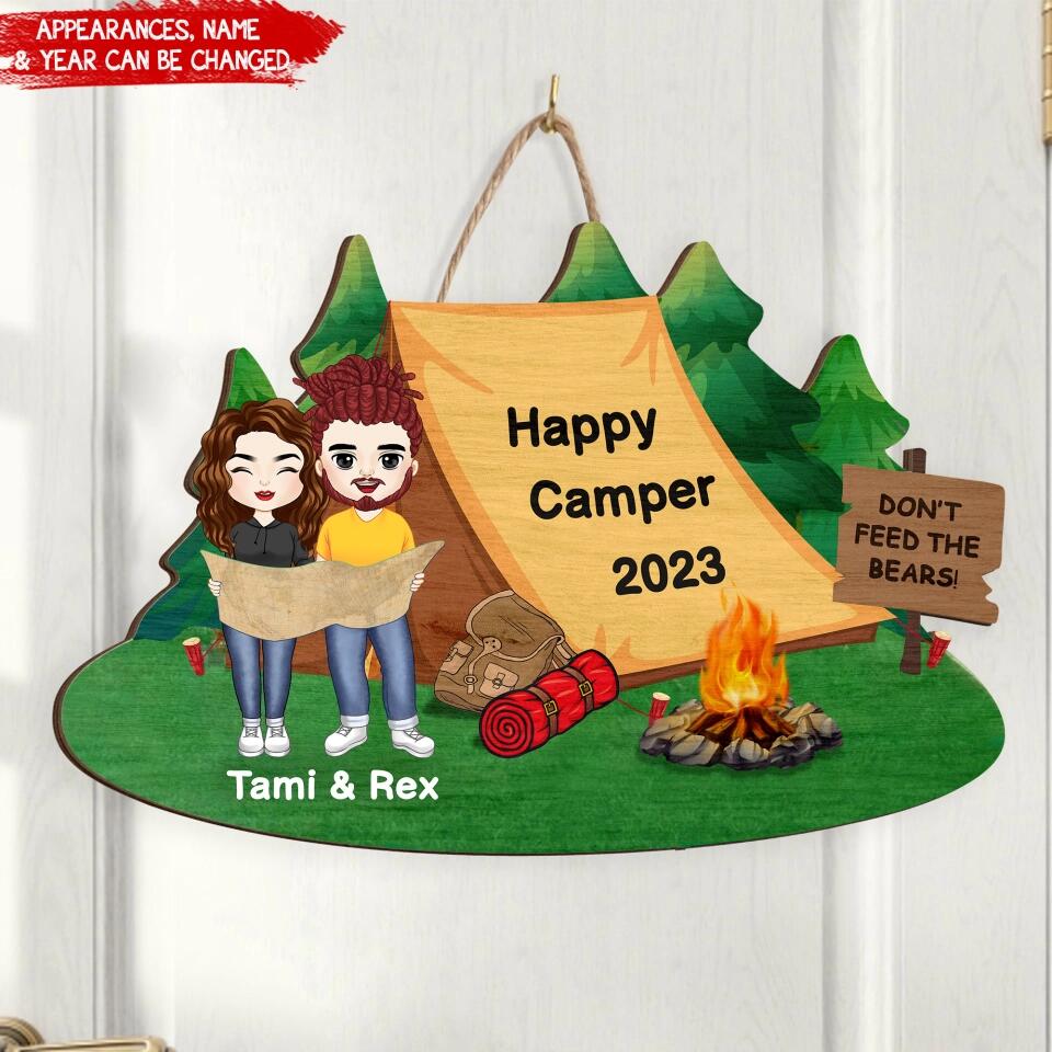 Happy Camping Tent Wooden Sign - Personalized Hiking Wooden Sign - Valentines Day Gift - Gift For Hiking Lovers