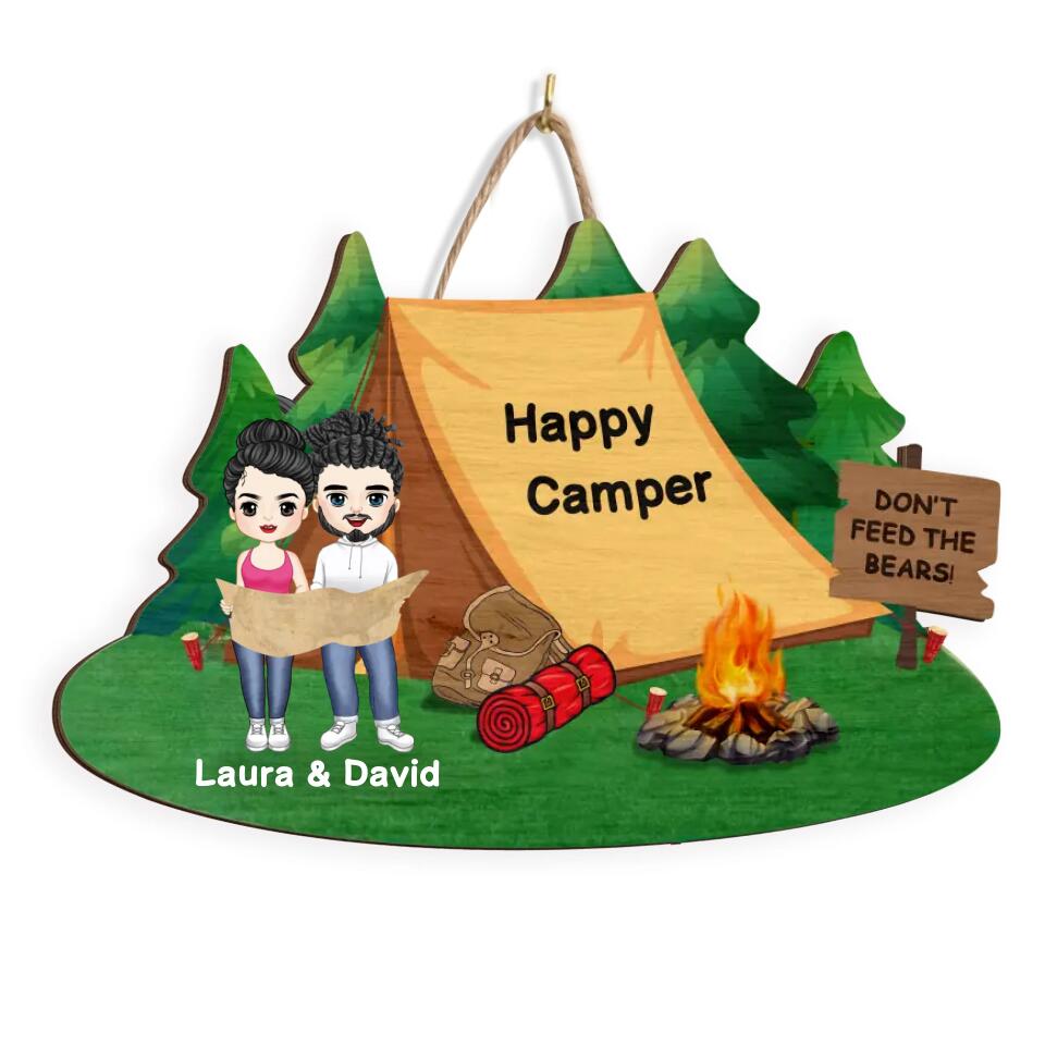 Happy Camping Tent Wooden Sign - Personalized Hiking Wooden Sign - Valentines Day Gift - Gift For Hiking Lovers