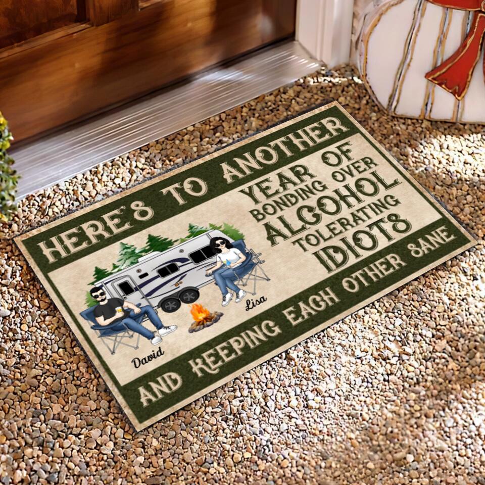 Here Is To Another Year Of Bonding Over Alcohol Tolerating - Personalized Camping Doormat - Campers Gift - Camping Life