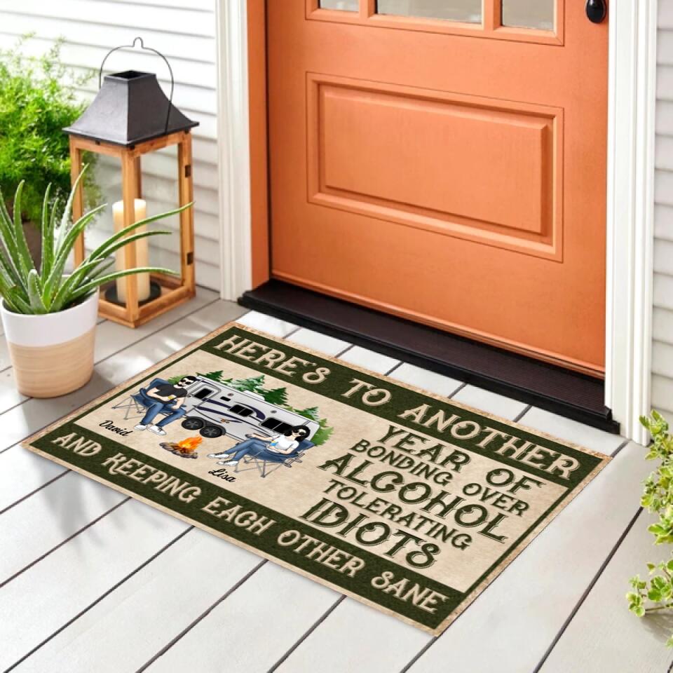 Here Is To Another Year Of Bonding Over Alcohol Tolerating - Personalized Camping Doormat - Campers Gift - Camping Life