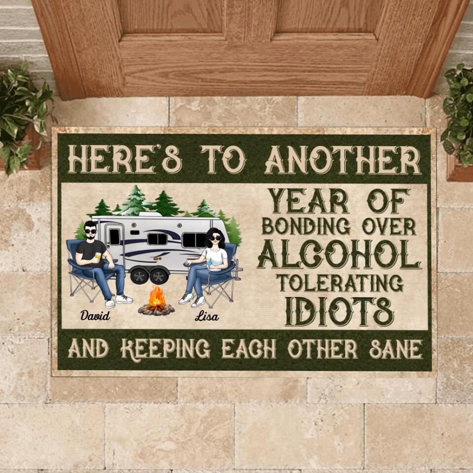 Here Is To Another Year Of Bonding Over Alcohol Tolerating - Personalized Camping Doormat - Campers Gift - Camping Life