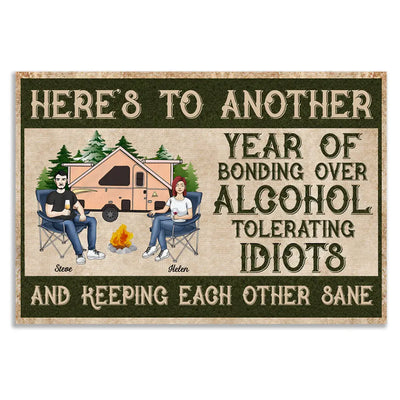 Here Is To Another Year Of Bonding Over Alcohol Tolerating - Personalized Camping Doormat - Campers Gift - Camping Life