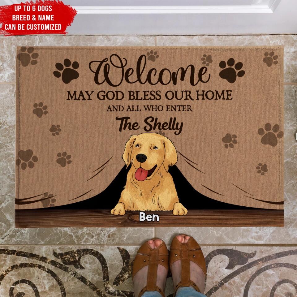 Welcome May God Bless Our Home And All Who Enter - Personalized Doormat, Gift For Dog Lover