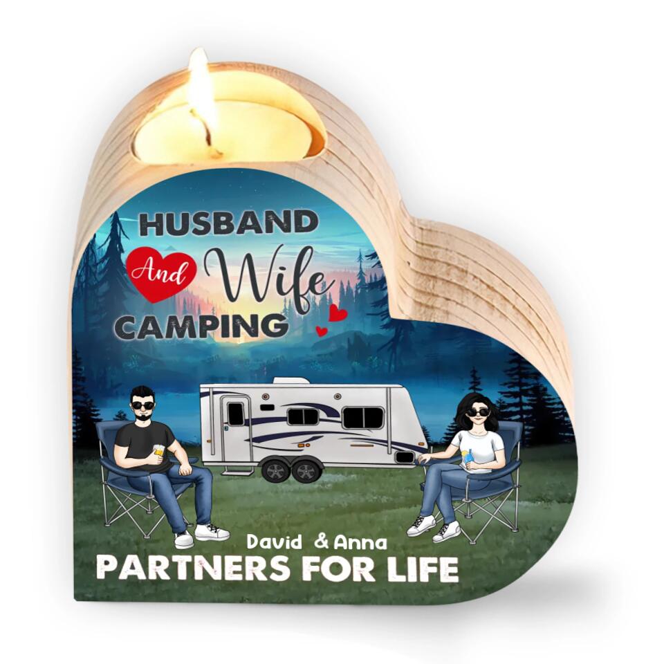 Husband And Wife Camping Partners For Life - Personalized Heart Shaped Candle Holder, Gift For Camping Lover