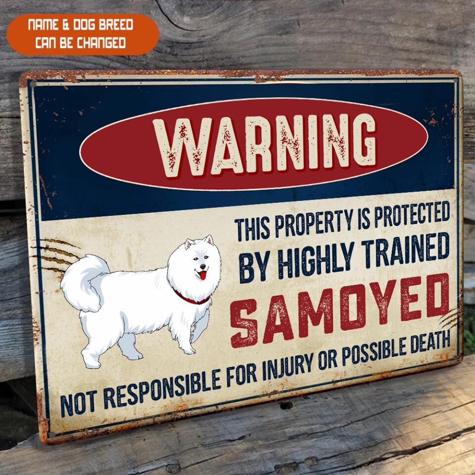 Warning This Property Is Protected By The Dog - Personalized Metal Sign, Funny Tin Sign For Dog Lover