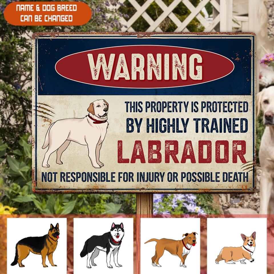 Warning This Property Is Protected By The Dog - Personalized Metal Sign, Funny Tin Sign For Dog Lover