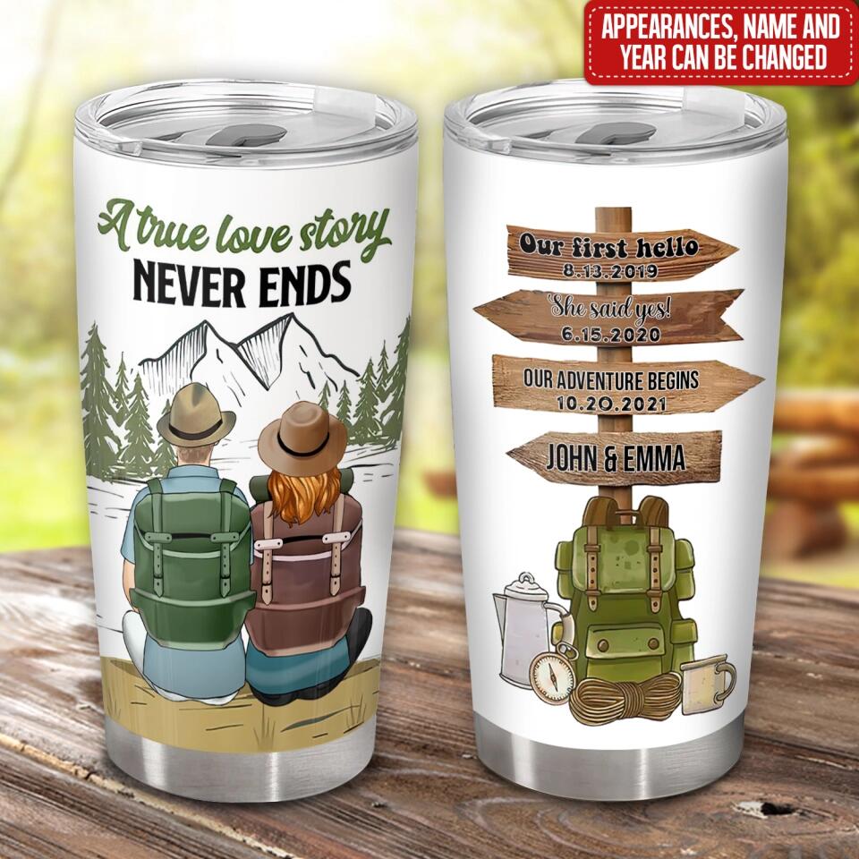 A True Love Story Never Ends - Personalized Hiking Couple Tumbler - Hiking Gift - Valentine Gift - Hiking Couple