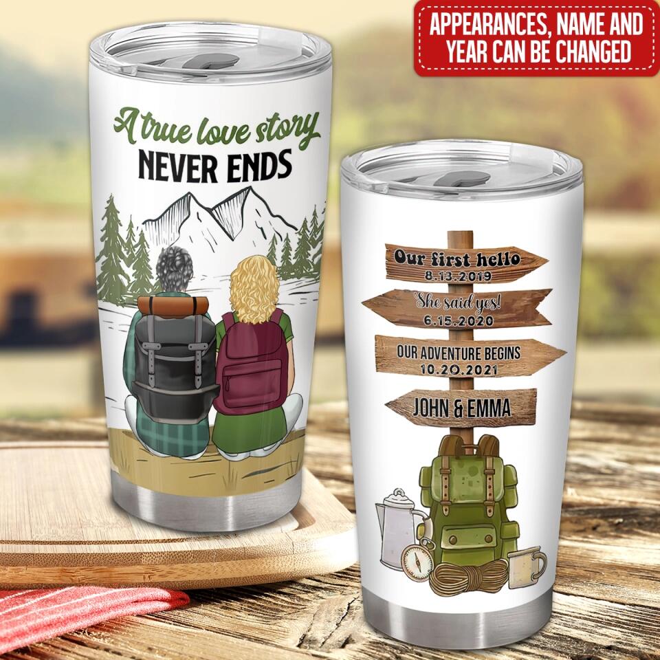 A True Love Story Never Ends - Personalized Hiking Couple Tumbler - Hiking Gift - Valentine Gift - Hiking Couple