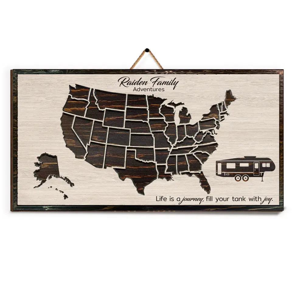 RV Travel Map Sign - Personalized Camping 1 Layer Sign - Camping Sign - Camping Decor - US Map With Camper Wooden Sign