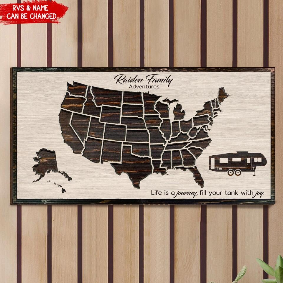 RV Travel Map Sign - Personalized Camping 1 Layer Sign - Camping Sign - Camping Decor - US Map With Camper Wooden Sign