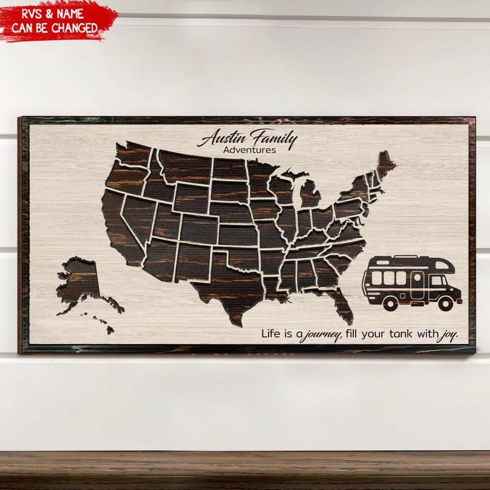 RV Travel Map Sign - Personalized Camping 1 Layer Sign - Camping Sign - Camping Decor - US Map With Camper Wooden Sign