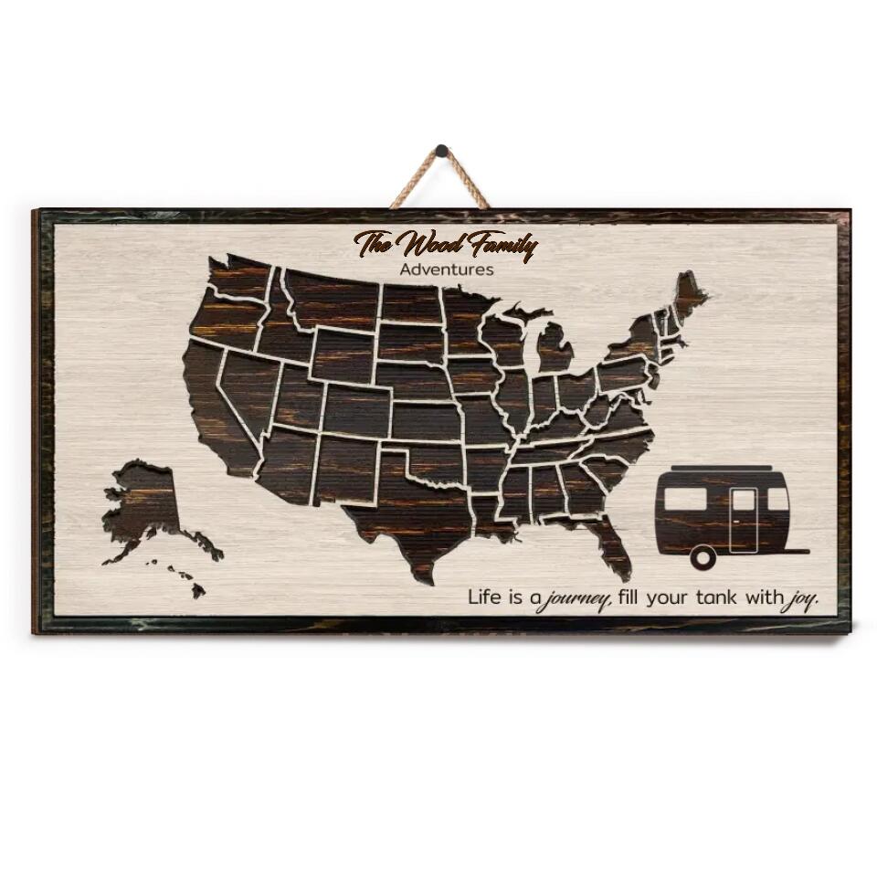 RV Travel Map Sign - Personalized Camping 1 Layer Sign - Camping Sign - Camping Decor - US Map With Camper Wooden Sign