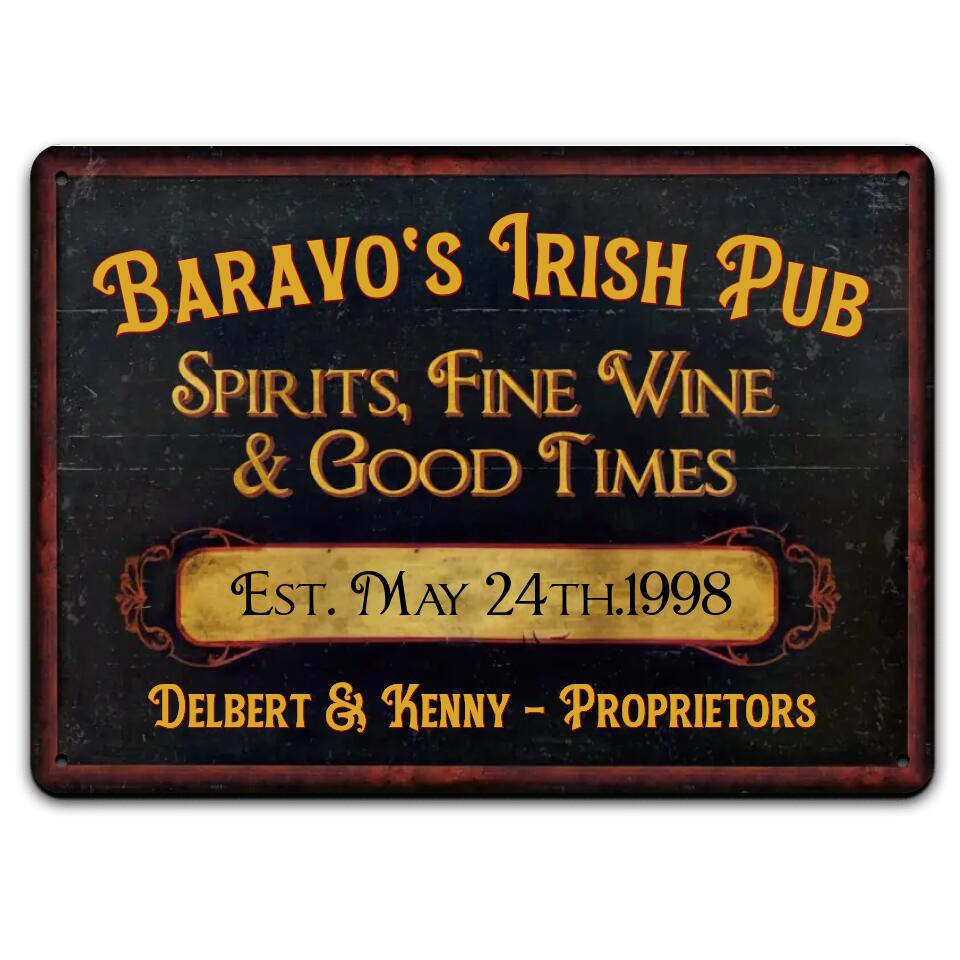 Irish Pub Spirits Fine Wine & Good Times - Personalized Metal Sign, Gift For ST. Patrick's Day