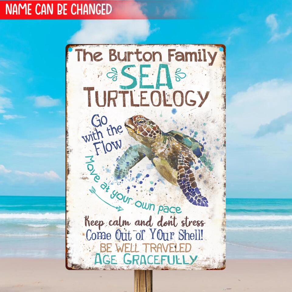 Sea Turtle, Tin Sea Turtleology - Personalized Metal Sign, Great Beach Decor