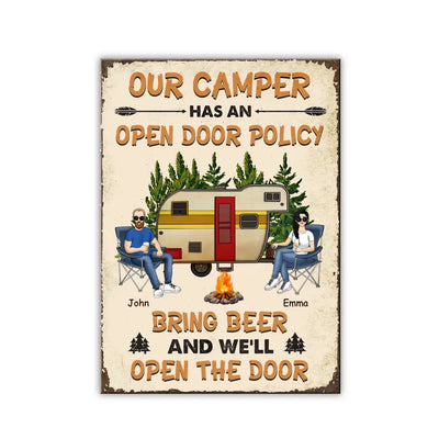Our Camper Has An Open Door Policy Bring Beer And We’ll Open The Door - Personalized Camping Metal Sign - Funny Camp Metal Signs