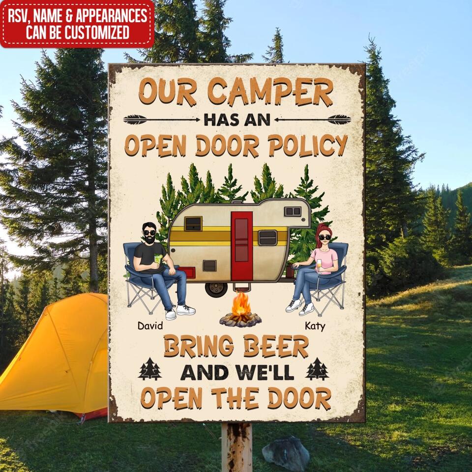 Our Camper Has An Open Door Policy Bring Beer And We’ll Open The Door - Personalized Camping Metal Sign - Funny Camp Metal Signs