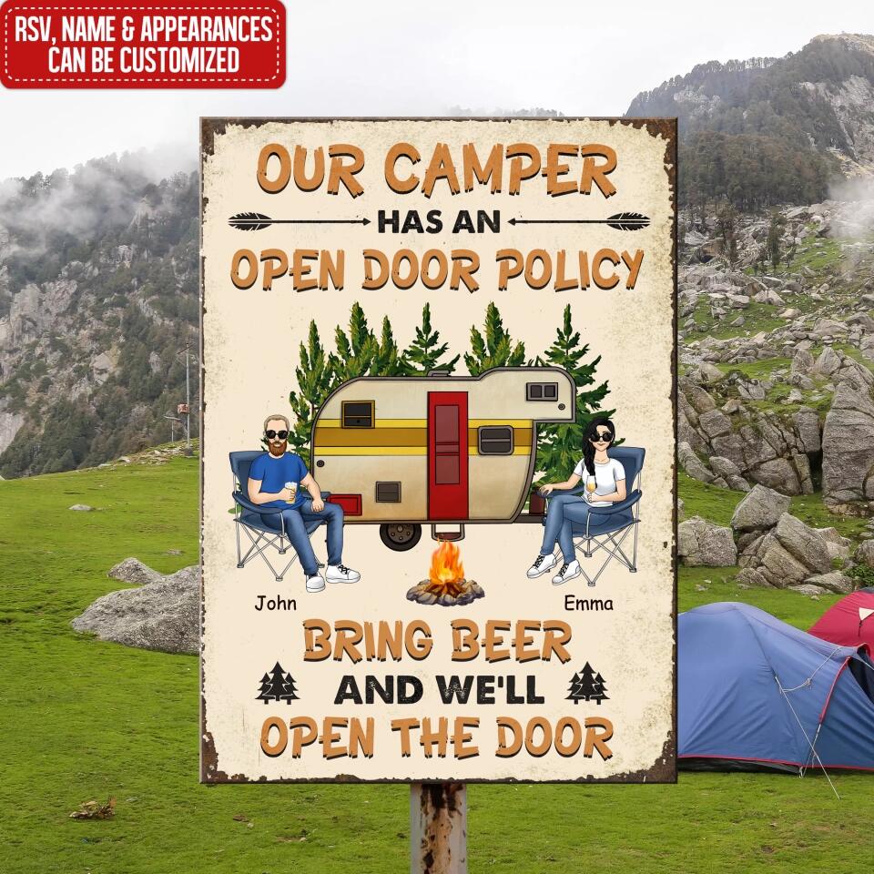 Our Camper Has An Open Door Policy Bring Beer And We’ll Open The Door - Personalized Camping Metal Sign - Funny Camp Metal Signs