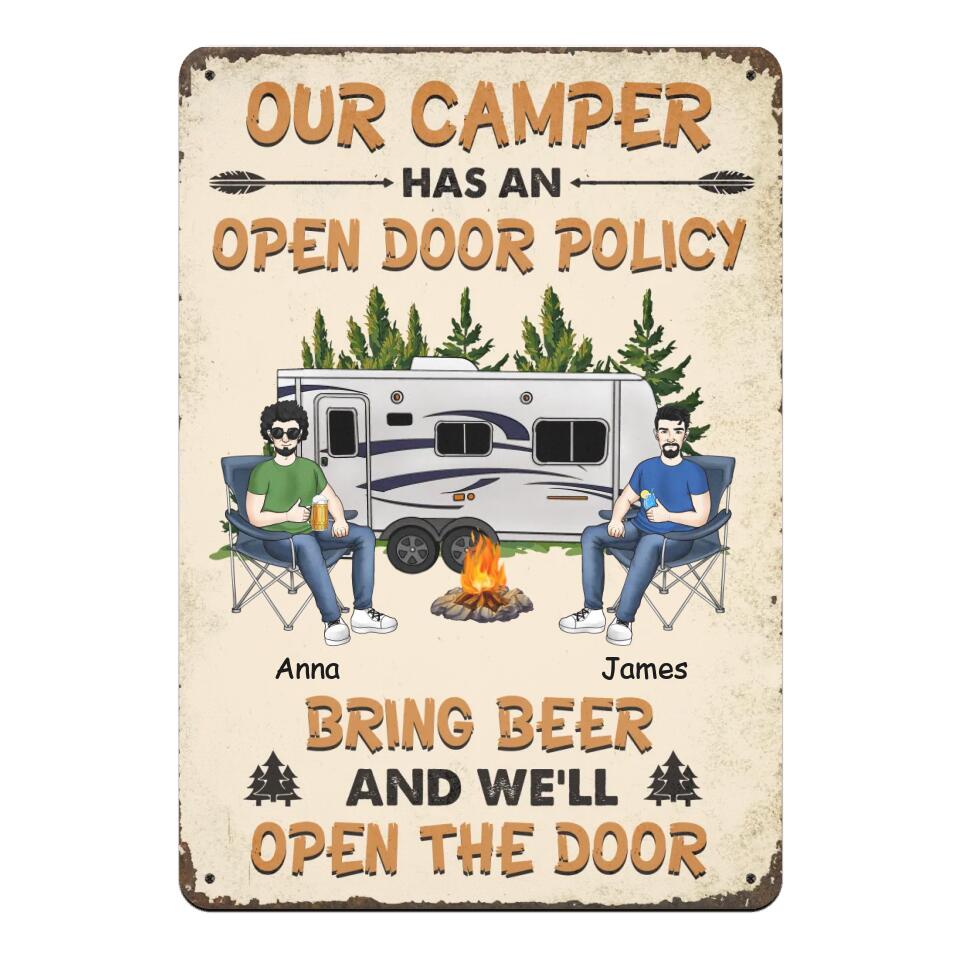 Our Camper Has An Open Door Policy Bring Beer And We’ll Open The Door - Personalized Camping Metal Sign - Funny Camp Metal Signs