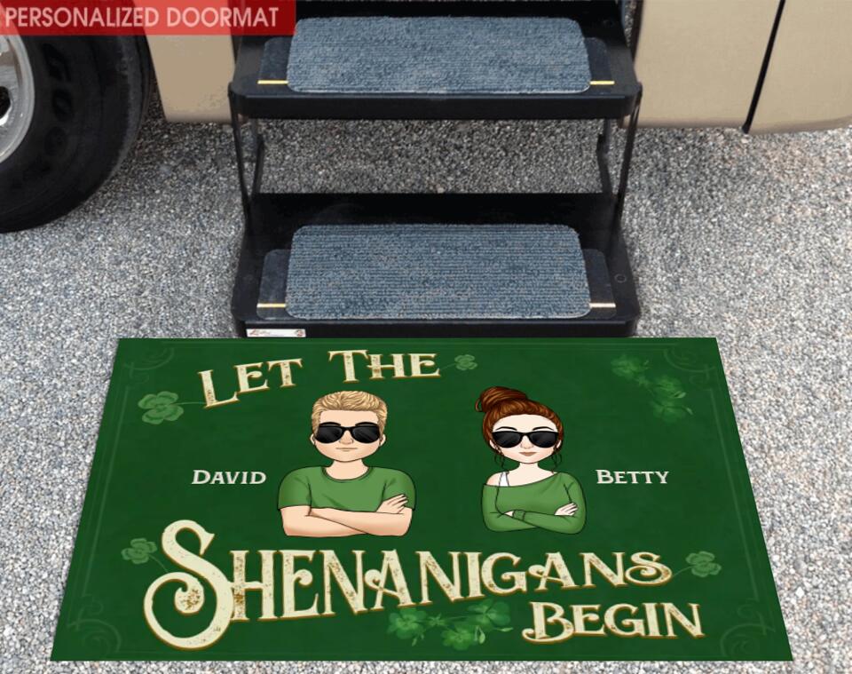 Let the Shenanigans Begin - Personalized Shamrock Doormat - St. Patrick's Day Housewarming Gift Door Mat -St Patricks Day Decor