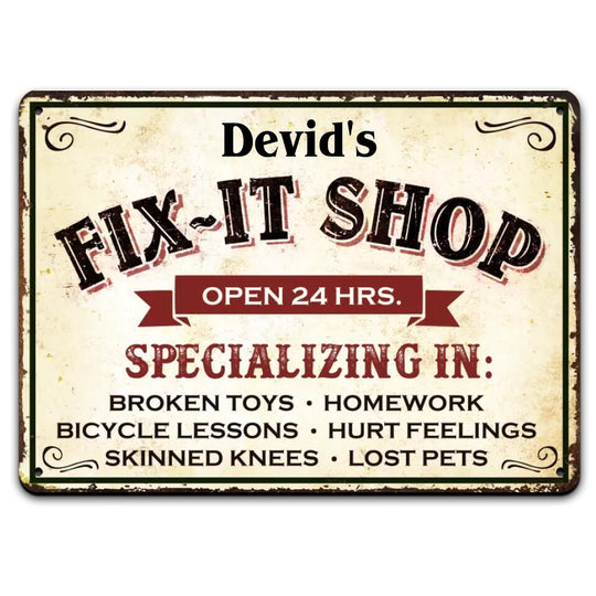 Fix-It Shop Man Cave Your Family Name - Personalized Metal Sign Dad Gift Garage Shop Custom