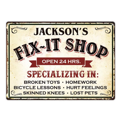Fix-It Shop Man Cave Your Family Name - Personalized Metal Sign Dad Gift Garage Shop Custom