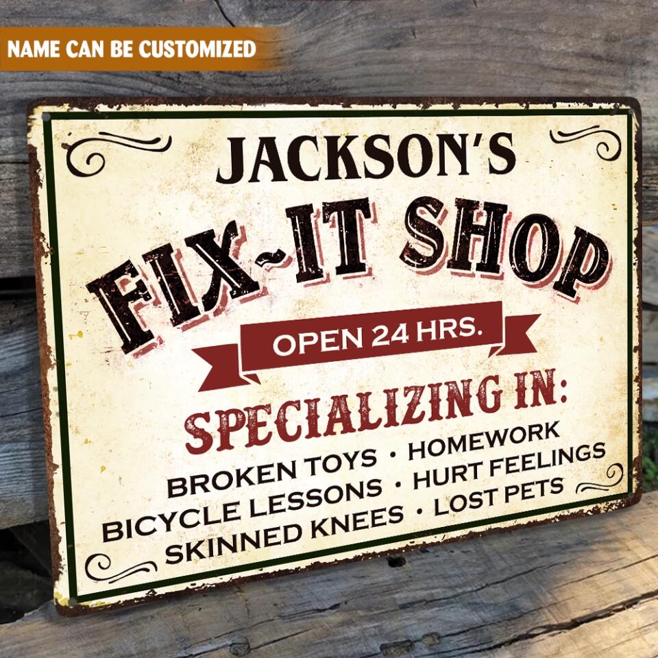 Fix-It Shop Man Cave Your Family Name - Personalized Metal Sign Dad Gift Garage Shop Custom