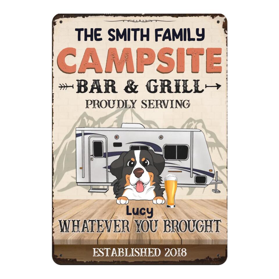 Campsite Bar & Grill Proudly Serving Whatever You Brought - Personalized Metal Sign