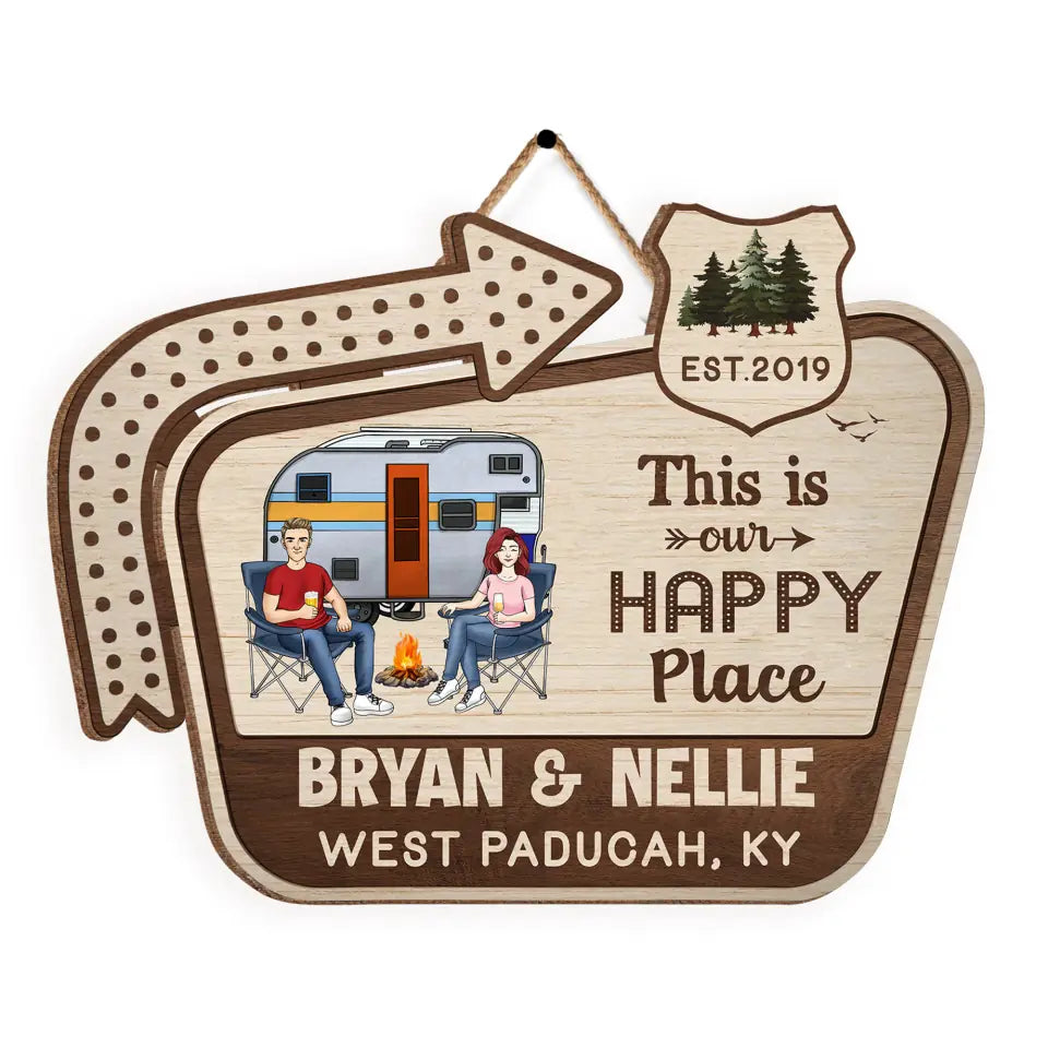 This Is Our Happy Place - Personalized Door Sign, Gift For Camper