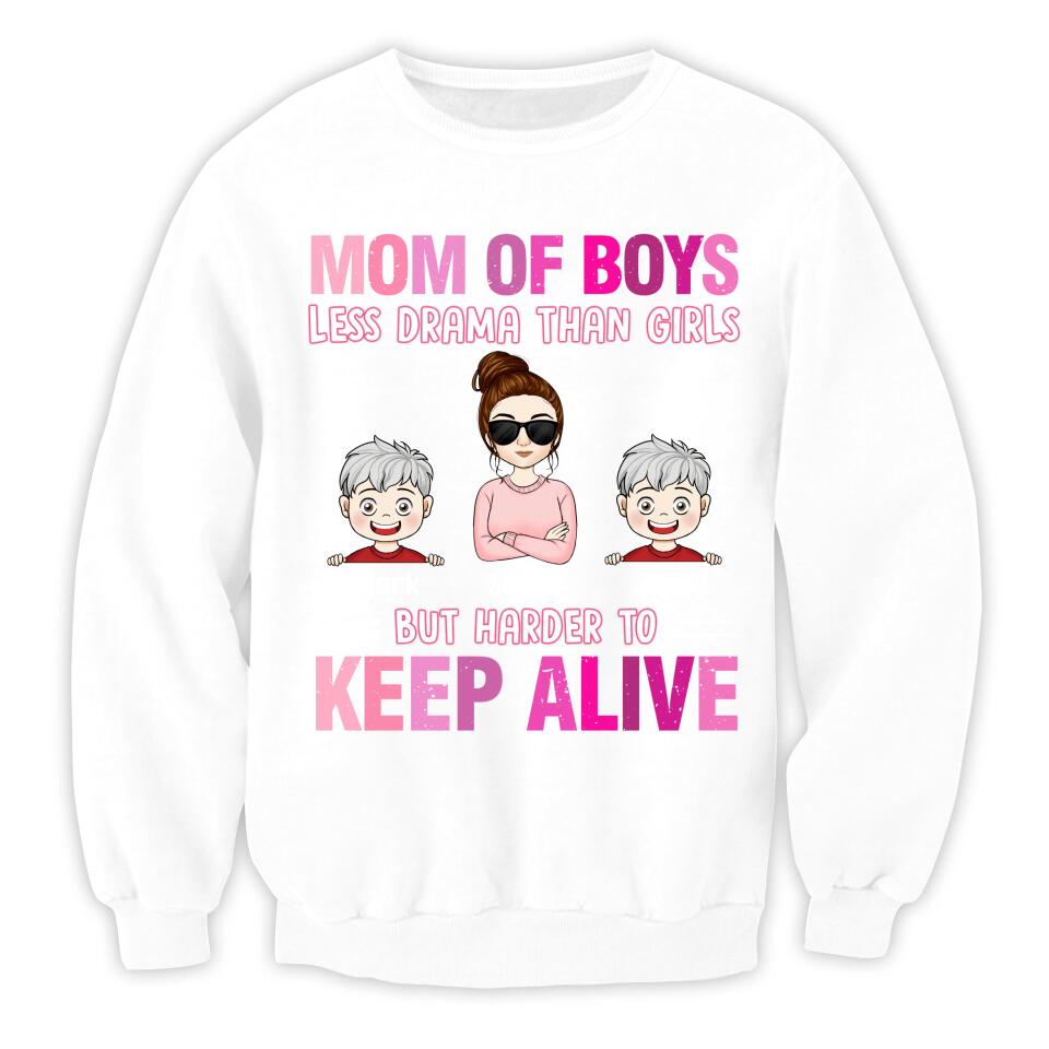 Mom Of Boys Less Drama Than Girls But Harder To Keep Alive - Personalized Mom T-Shirt - Mother's Day Gift