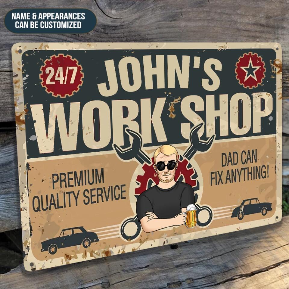 Dad's Work Shop - Personalized Dad Metal Sign - Great Garage and Repair Shop Decor - Father Gift