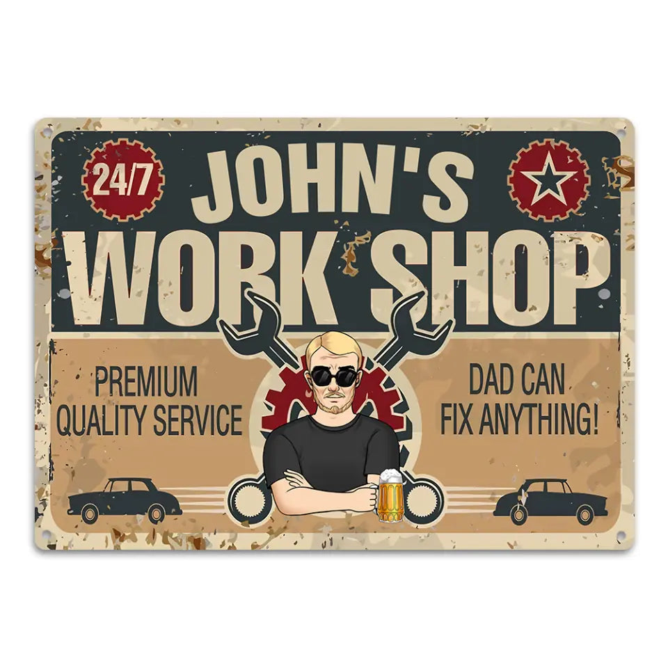 Dad&#39;s Work Shop - Personalized Dad Metal Sign - Great Garage and Repair Shop Decor - Father Gift