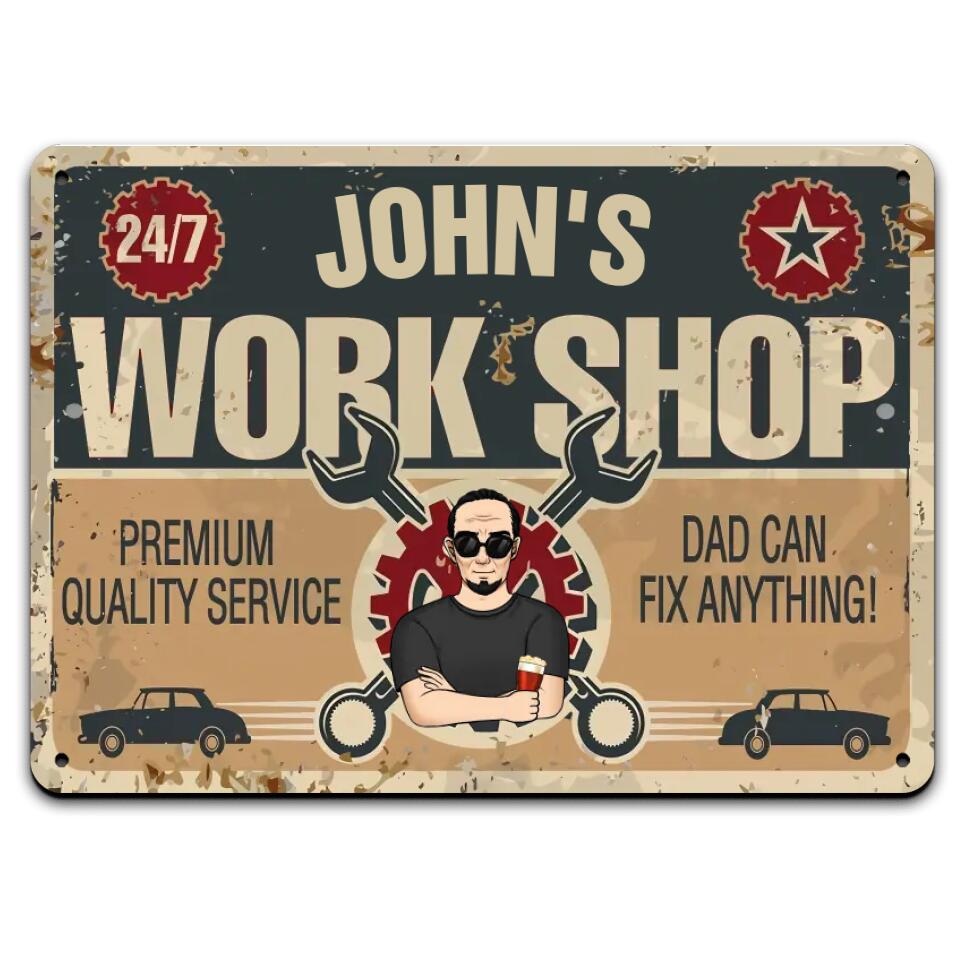 Dad's Work Shop - Personalized Dad Metal Sign - Great Garage and Repair Shop Decor - Father Gift