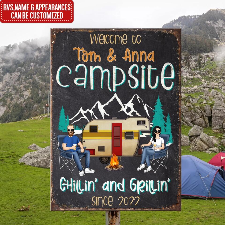 Grilling And Chilling With Us - Camping Personalized Custom Shaped Home Decor Wood Sign - House Warming Gift For Couple, Camping Lovers, Pet Lovers