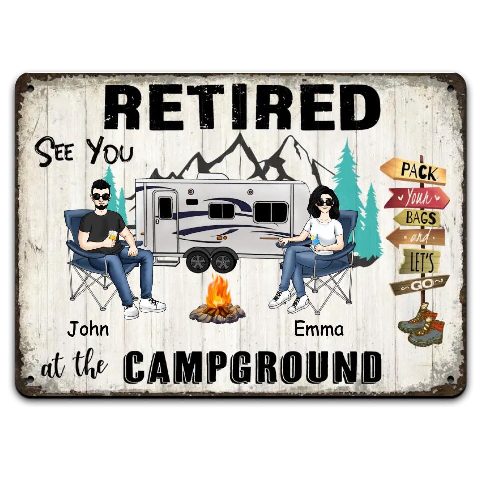 Retired See You at The Campground - Personalized Camping Metal Sign - Vintage Camper Decor Gift - Retirement Party Gift