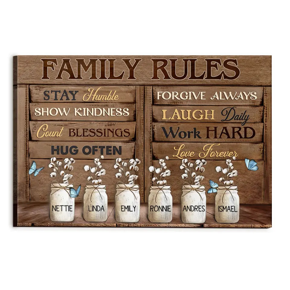 Family Rules Stay Humble Show Kindness Count Blessing - Personalized Canvas, Gift For Family