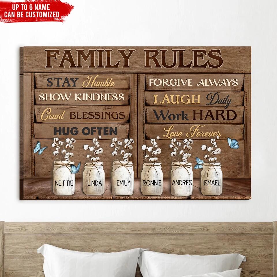 Family Rules Stay Humble Show Kindness Count Blessing - Personalized Canvas, Gift For Family