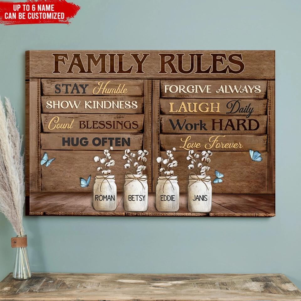 Family Rules Stay Humble Show Kindness Count Blessing - Personalized Canvas, Gift For Family