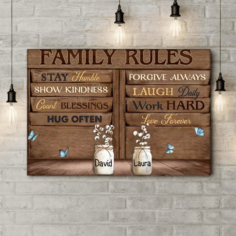 Family Rules Stay Humble Show Kindness Count Blessing - Personalized Canvas, Gift For Family