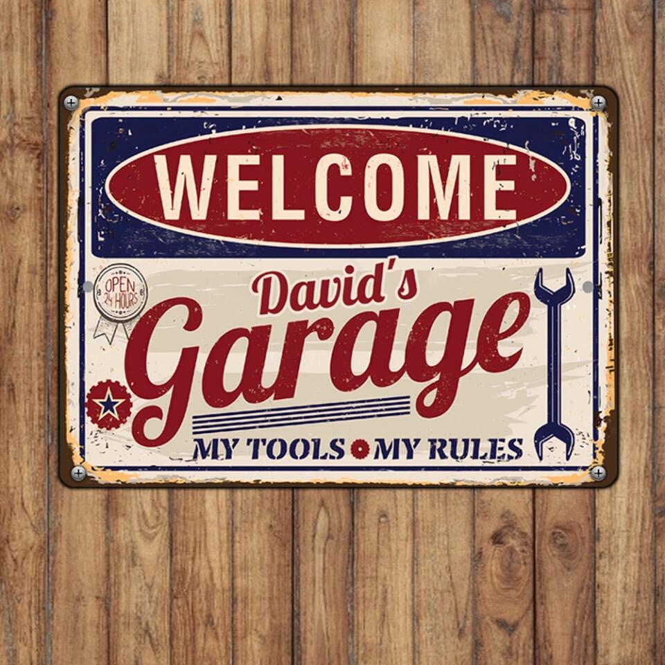 Garage My Tools, My Rules - Personalized Metal Sign, Garage Welcome Tin Sign, Gift For Dad