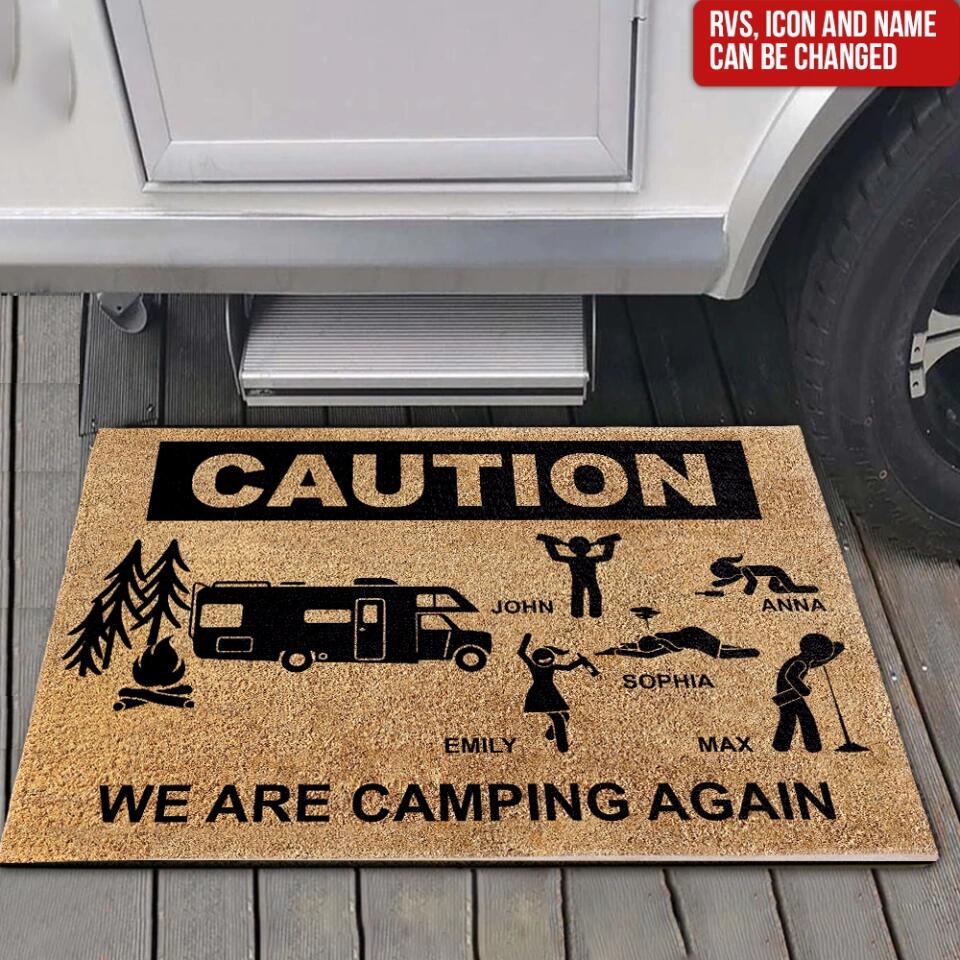 Warning We are camping again - Personalized Doormat, Gift For Camping Lover